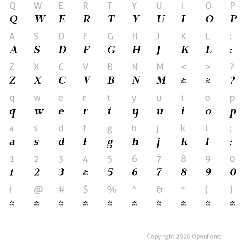 Character Map of FONTSPRING DEMO - BrixtonPro-CondensedRegularOblique Regular