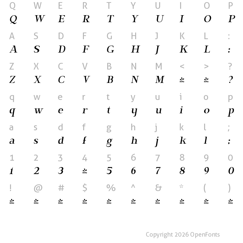 Character Map of FONTSPRING DEMO - BrixtonPro-CondensedThinOblique Regular