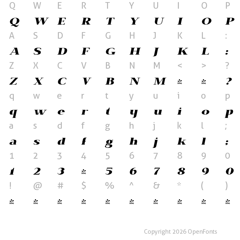 Character Map of FONTSPRING DEMO - BrixtonPro-HeavyOblique Regular