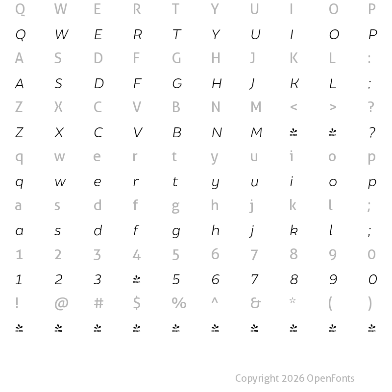 Character Map of FONTSPRING DEMO - Brocha Light Italic Regular