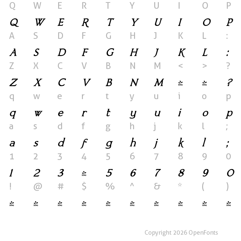 Character Map of FONTSPRING DEMO - Bronzetti Bold Italic