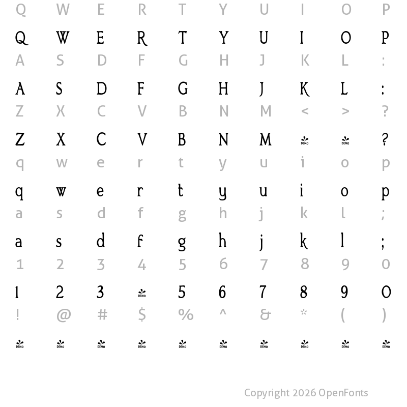 Character Map of FONTSPRING DEMO - Bronzetti Condensed Condensed Regular