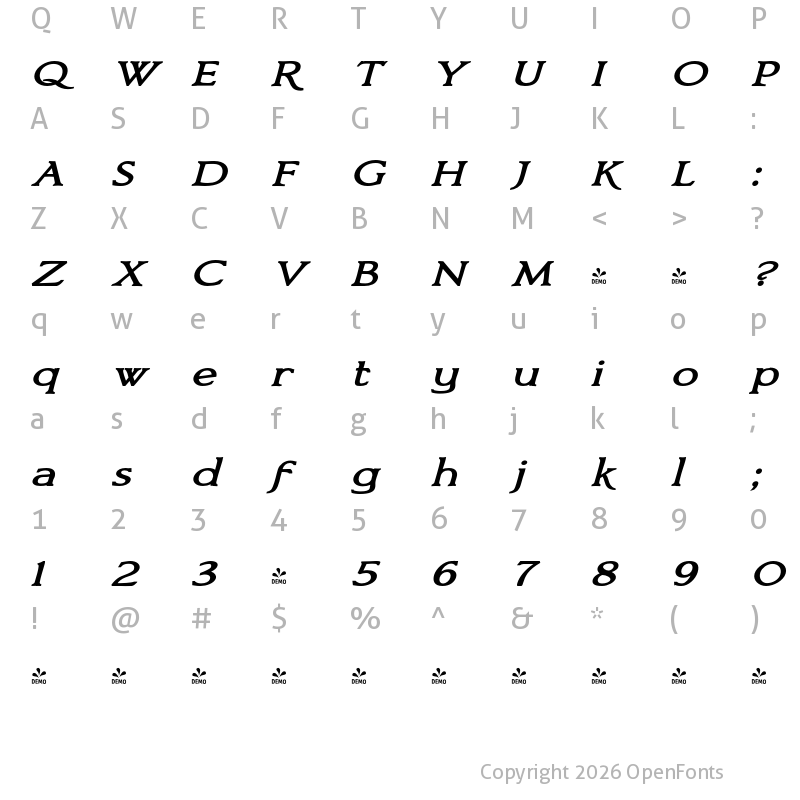 Character Map of FONTSPRING DEMO - Bronzetti Expanded Expanded Bold Italic