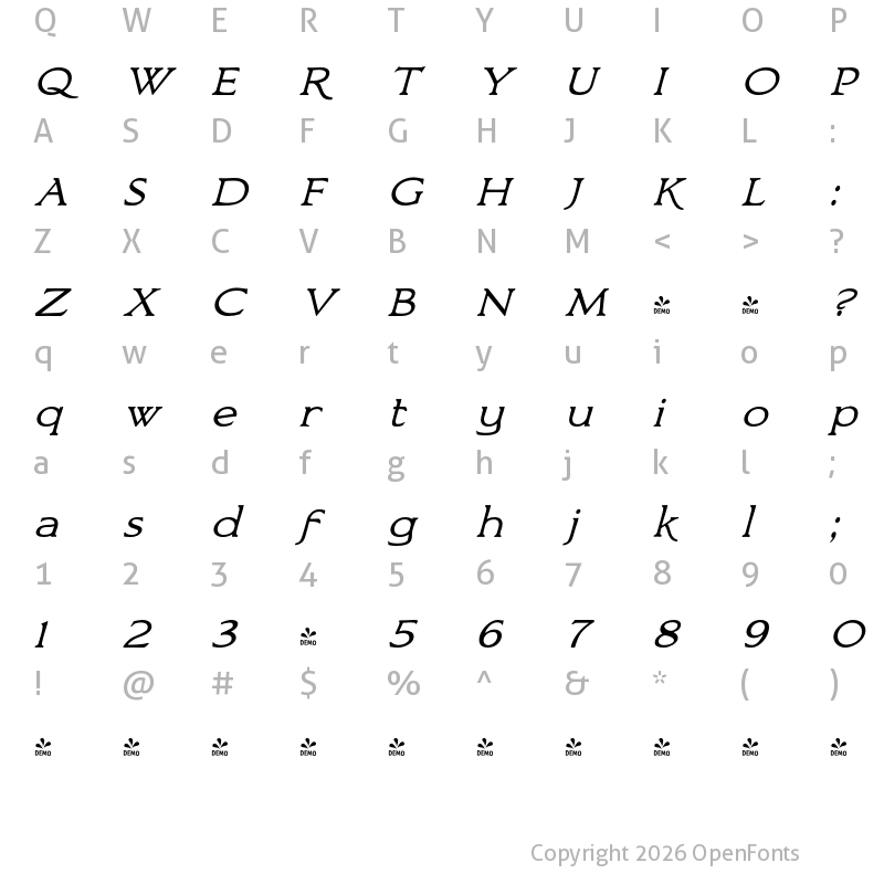 Character Map of FONTSPRING DEMO - Bronzetti Expanded Expanded Regular Italic
