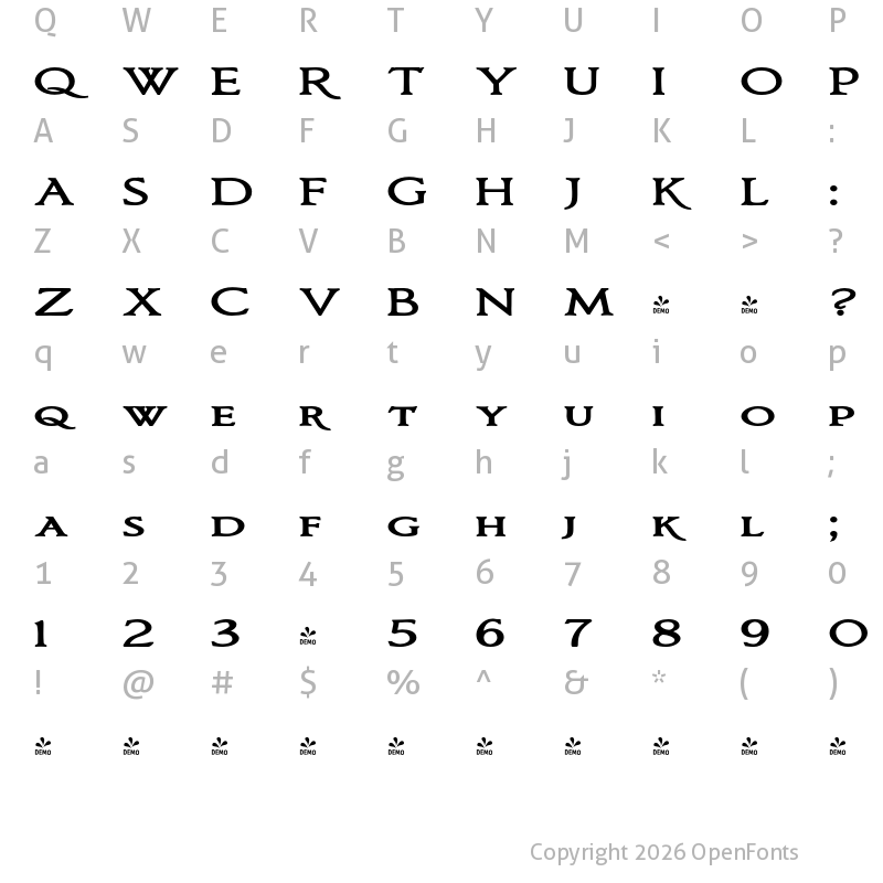 Character Map of FONTSPRING DEMO - Bronzetti SmallCapitalsExpanded Expanded Bold