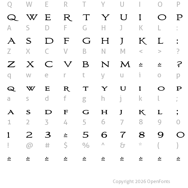 Character Map of FONTSPRING DEMO - Bronzetti SmallCapitalsExpanded Expanded Regular