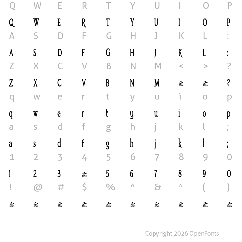 Character Map of FONTSPRING DEMO - Bronzetti UltraCondensed Ultra-condensed Bold