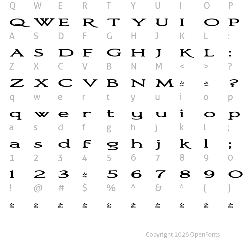 Character Map of FONTSPRING DEMO - Bronzetti UltraExpanded Ultra-expanded Bold