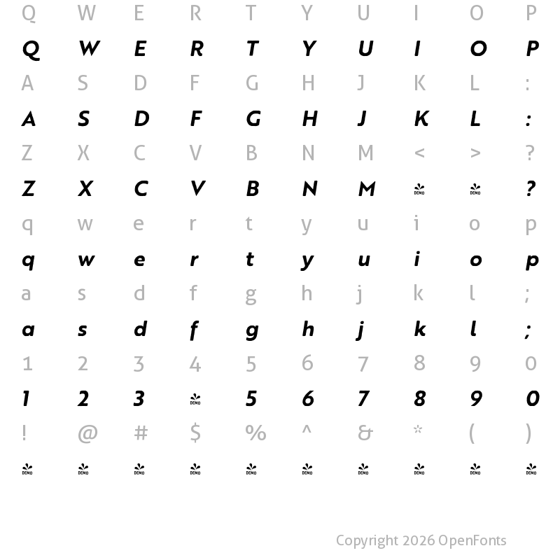 Character Map of FONTSPRING DEMO - Brother 1816 Printed Bold Italic