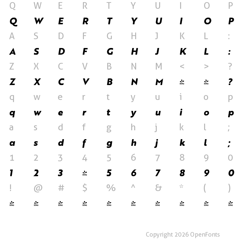 Character Map of FONTSPRING DEMO - Brother 1816 Printed ExtraBold Italic