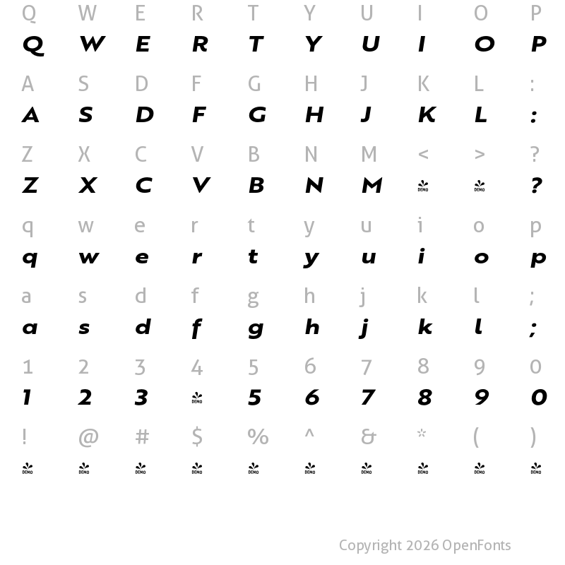 Character Map of FONTSPRING DEMO - Brother XL ExtraBold Italic