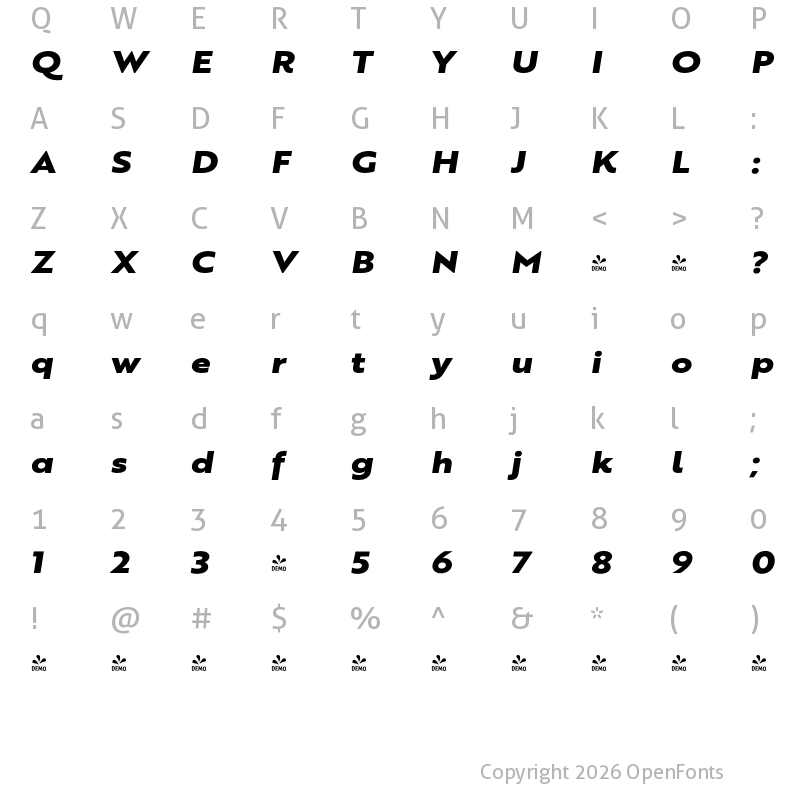 Character Map of FONTSPRING DEMO - Brother XL Heavy Italic