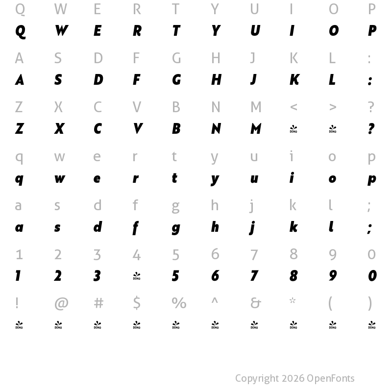 Character Map of FONTSPRING DEMO - Brother XS Heavy Italic