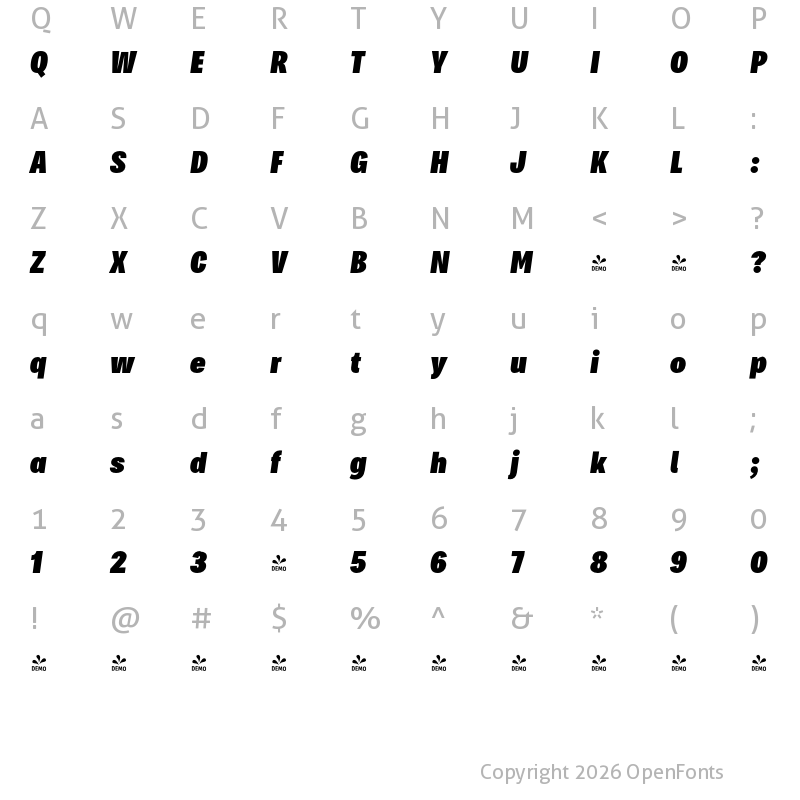 Character Map of FONTSPRING DEMO - Bruta Glb Compressed Black It Regular