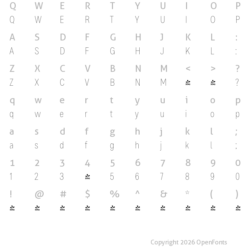 Character Map of FONTSPRING DEMO - Bruta Glb Condensed Thin Regular