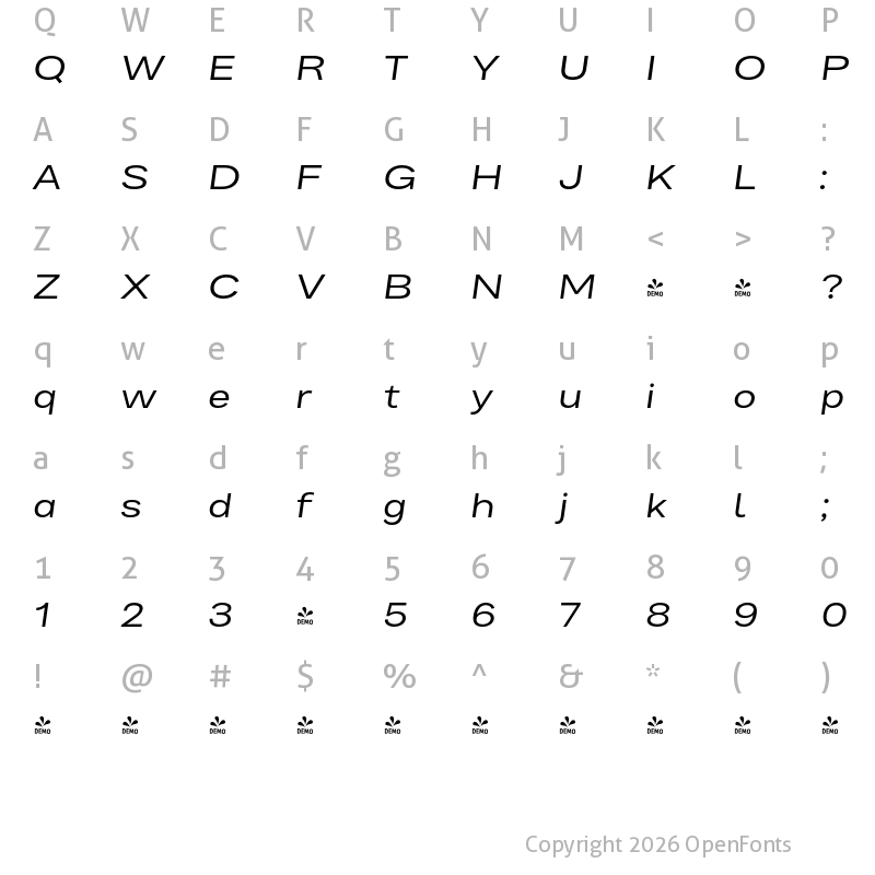 Character Map of FONTSPRING DEMO - Bruta Glb Extended Expanded Italic