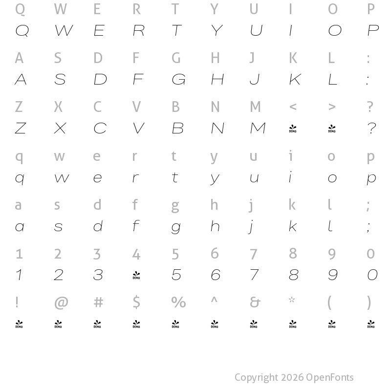 Character Map of FONTSPRING DEMO - Bruta Pro Extended Ex Light It Regular