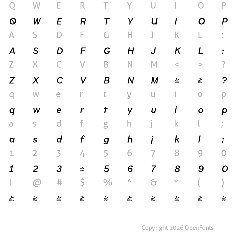 Character Map of FONTSPRING DEMO - Brutalista Alt Medium It Regular