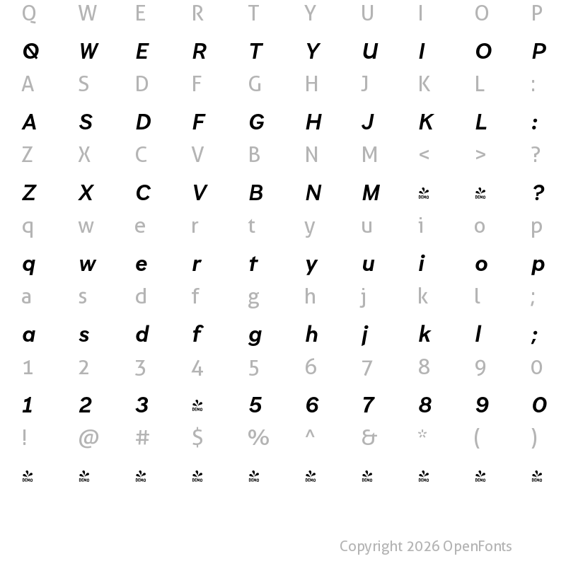 Character Map of FONTSPRING DEMO - Brutalista Alt SemiBold It Regular