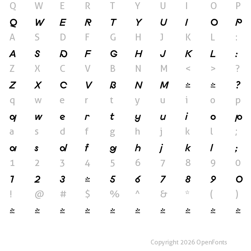 Character Map of FONTSPRING DEMO - Budare Bold Rotalic Regular