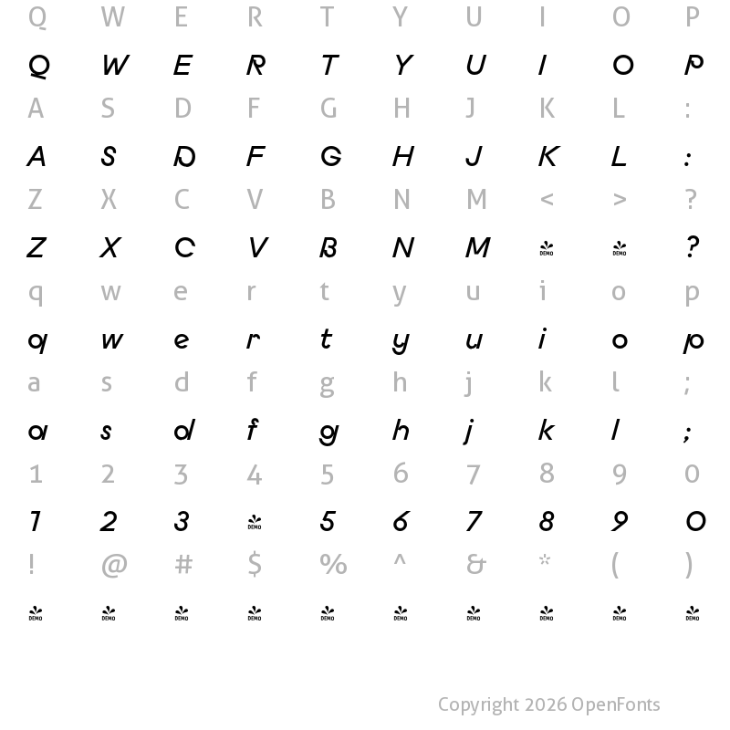Character Map of FONTSPRING DEMO - Budare Semi Bold Rotalic Regular