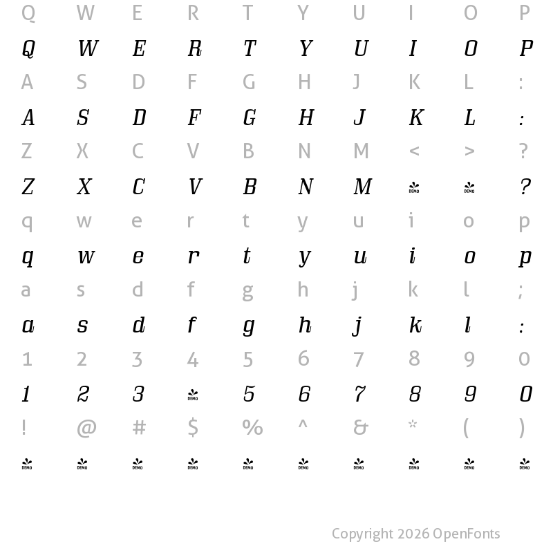 Character Map of FONTSPRING DEMO - Bullpen Bk Italic
