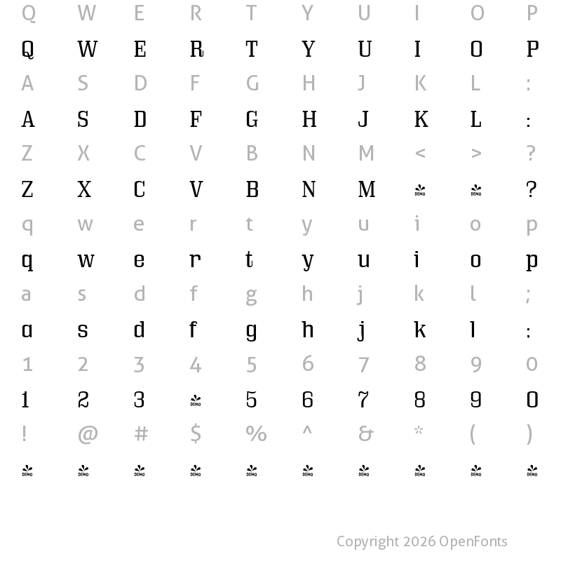 Character Map of FONTSPRING DEMO - Bullpen Bk Regular