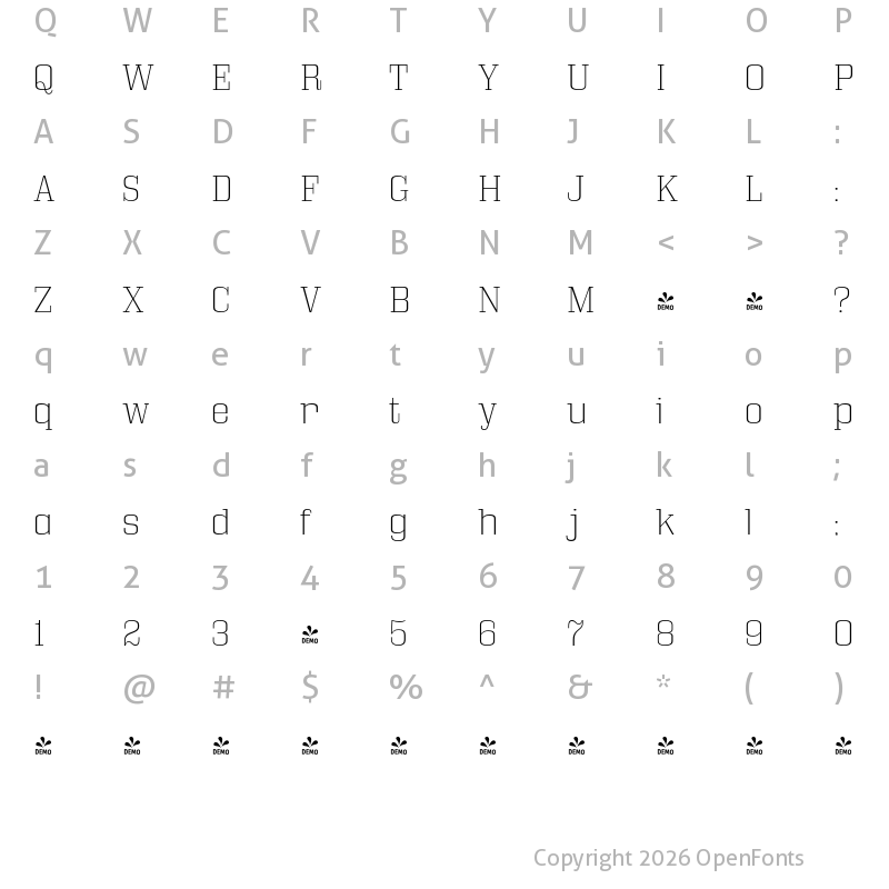 Character Map of FONTSPRING DEMO - Bullpen El Regular