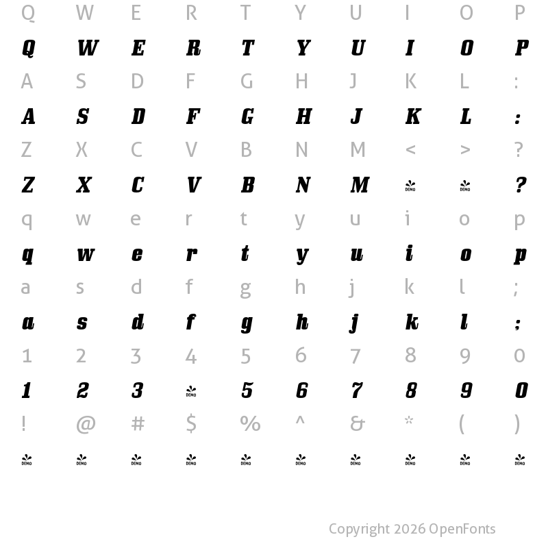Character Map of FONTSPRING DEMO - Bullpen Hv Italic