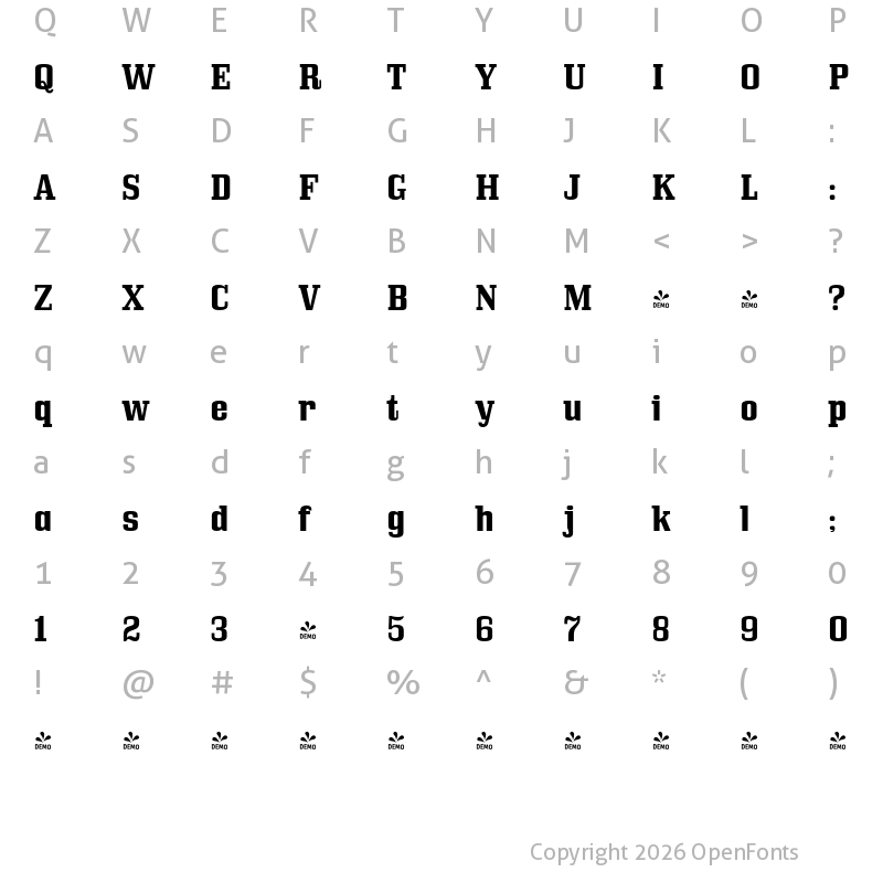 Character Map of FONTSPRING DEMO - Bullpen Rg Bold