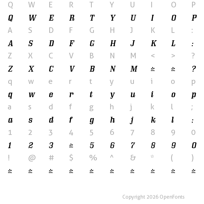 Character Map of FONTSPRING DEMO - Bullpen Rg Italic