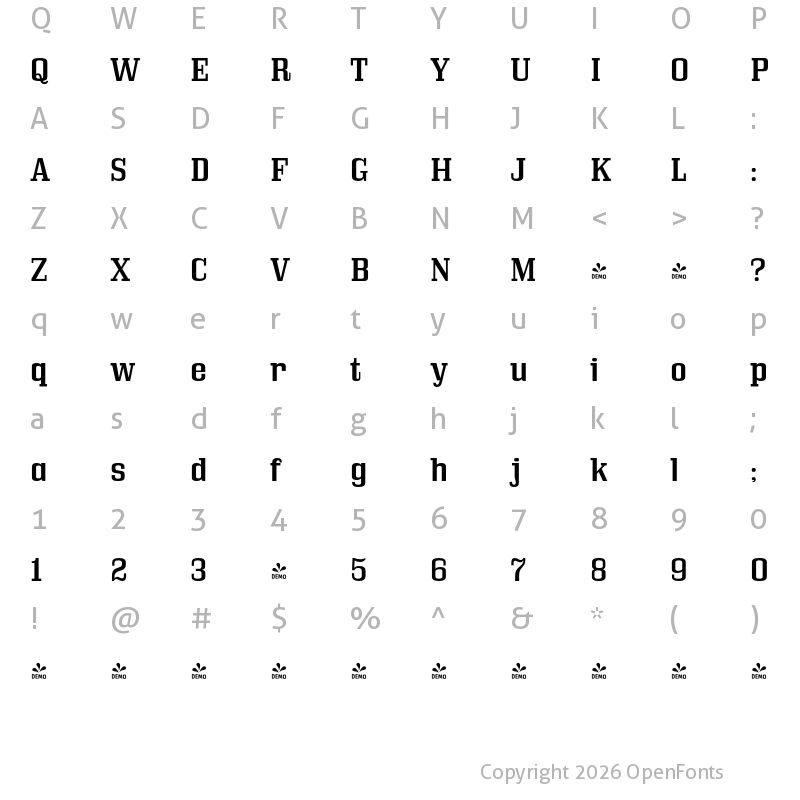 Character Map of FONTSPRING DEMO - Bullpen Rg Regular