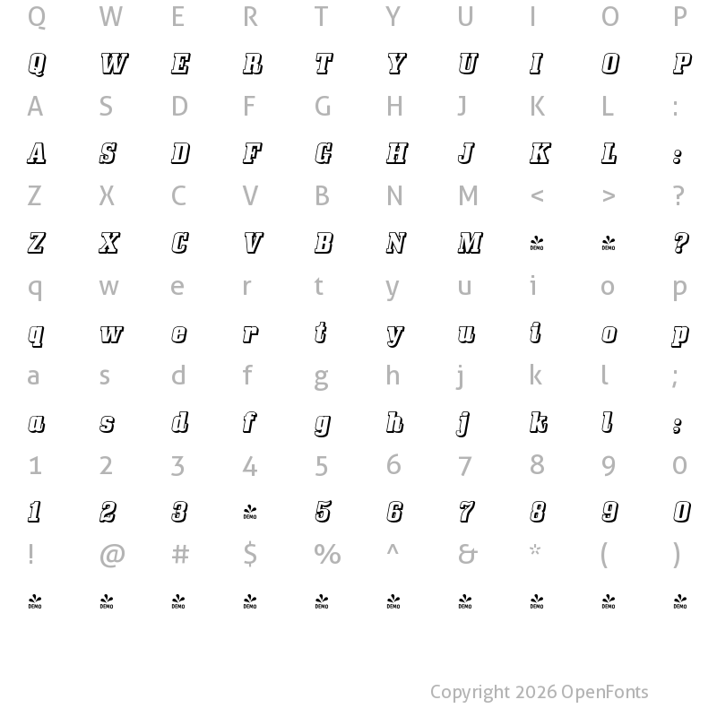 Character Map of FONTSPRING DEMO - Bullpen Three D Regular