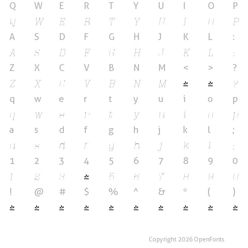 Character Map of FONTSPRING DEMO - Bullpen Ul Italic