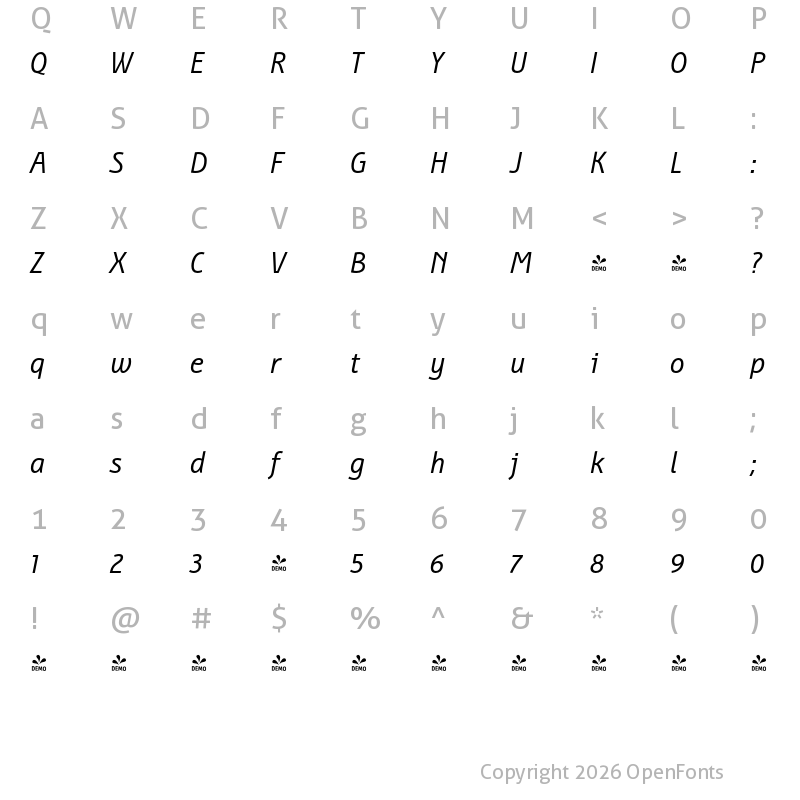 Character Map of FONTSPRING DEMO - BunaeroPro-RegularIt Regular