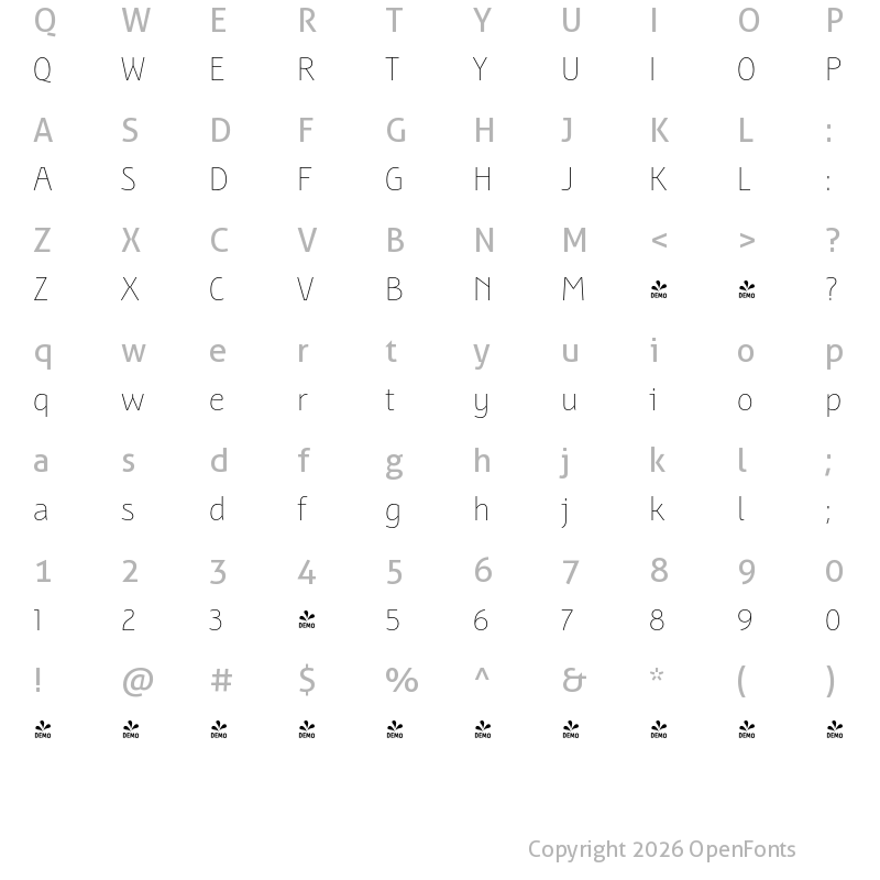 Character Map of FONTSPRING DEMO - BunaeroPro-Thin Regular