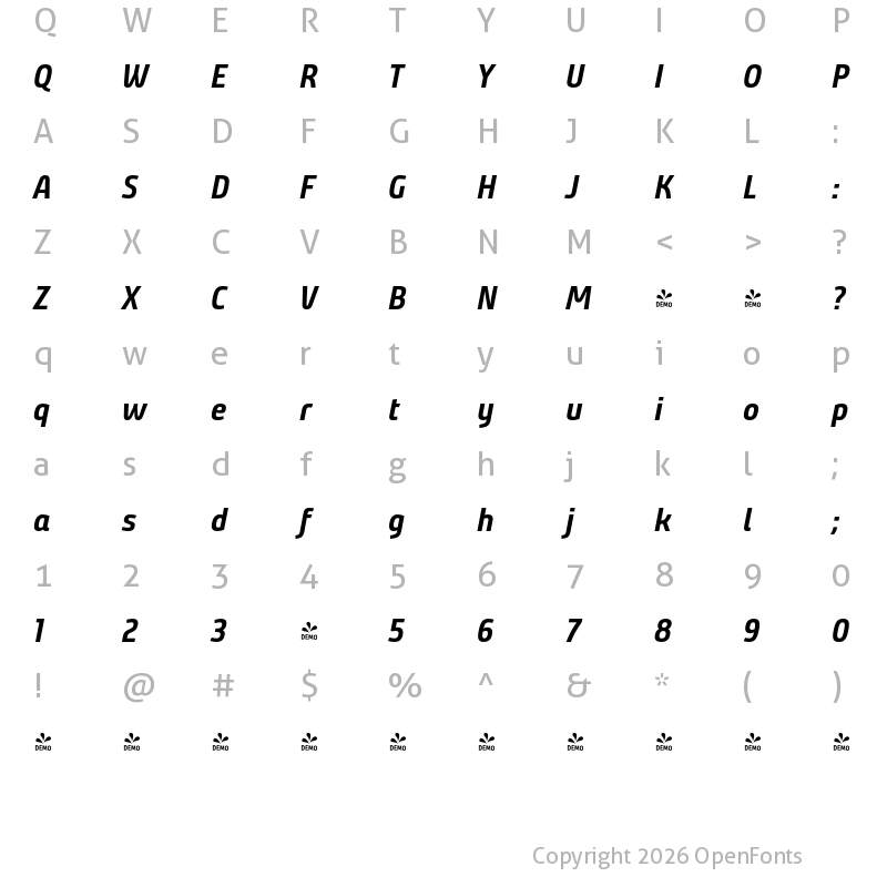 Character Map of FONTSPRING DEMO - Bunday Clean Bold
