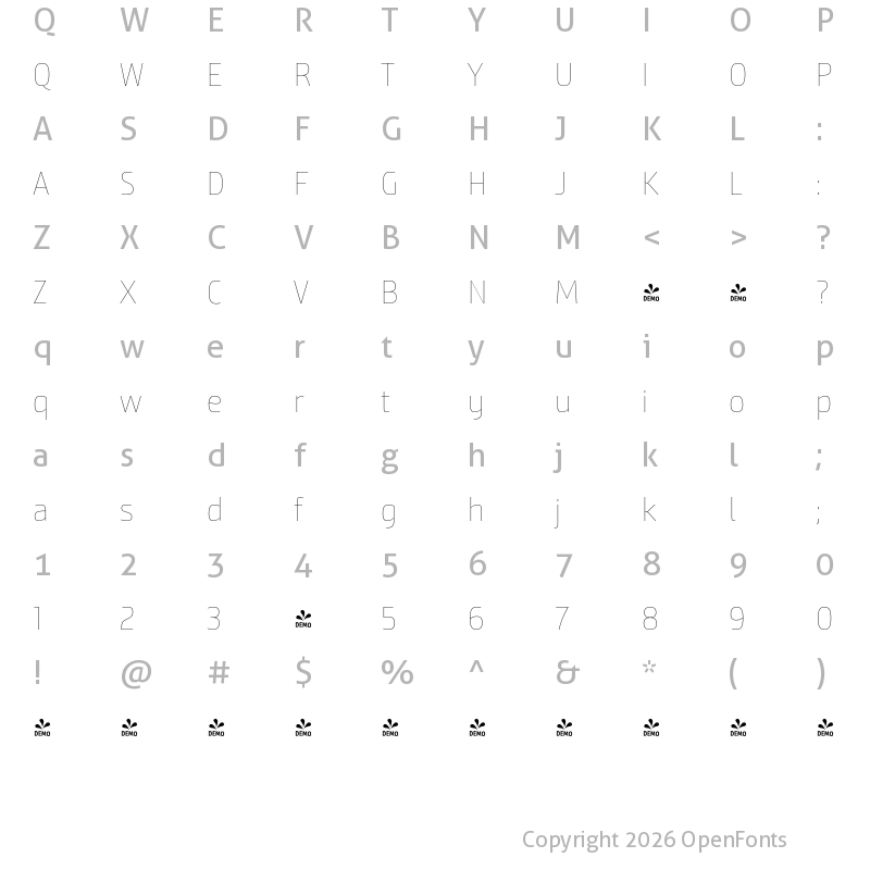 Character Map of FONTSPRING DEMO - BundaySans-Hair Regular