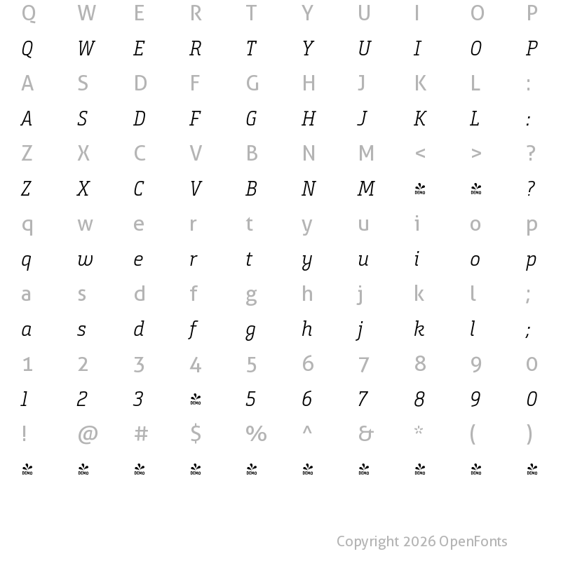 Character Map of FONTSPRING DEMO - BundaySlab-SemiLightIt Regular