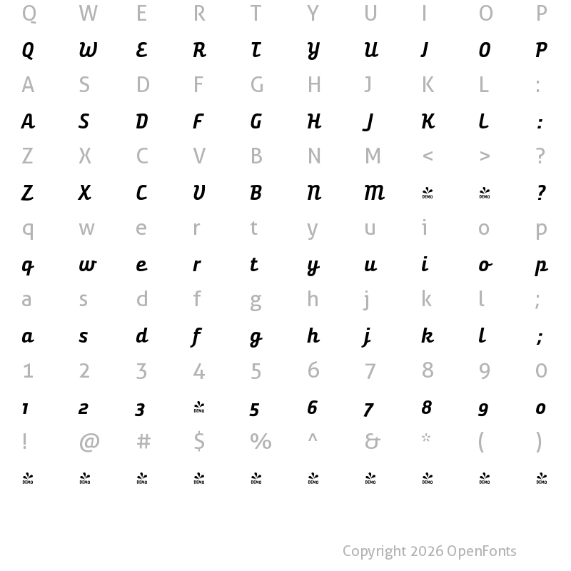 Character Map of FONTSPRING DEMO - Bunita Swash Expert Bold Regular Italic