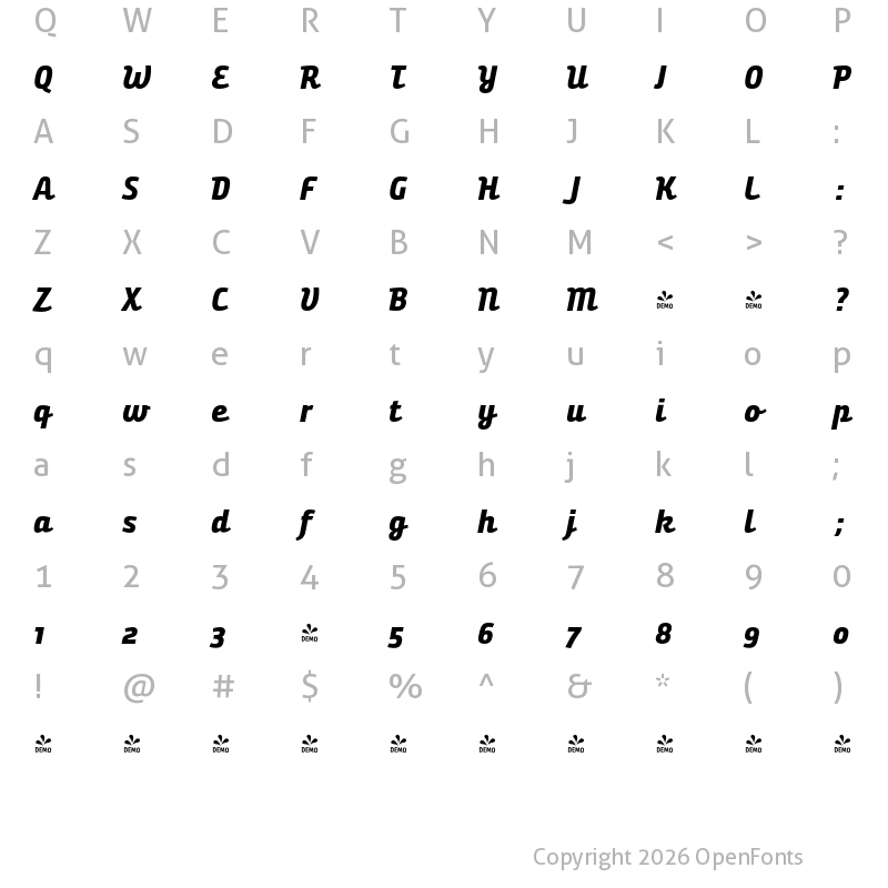 Character Map of FONTSPRING DEMO - Bunita Swash Expert ExtraBold Regular Italic