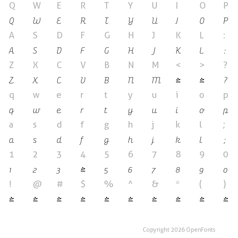 Character Map of FONTSPRING DEMO - Bunita Swash Expert Light Regular Italic