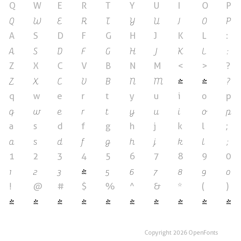 Character Map of FONTSPRING DEMO - Bunita Swash Expert Thin Regular Italic