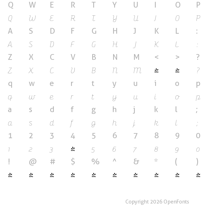Character Map of FONTSPRING DEMO - Bunita Swash Hair Regular Italic