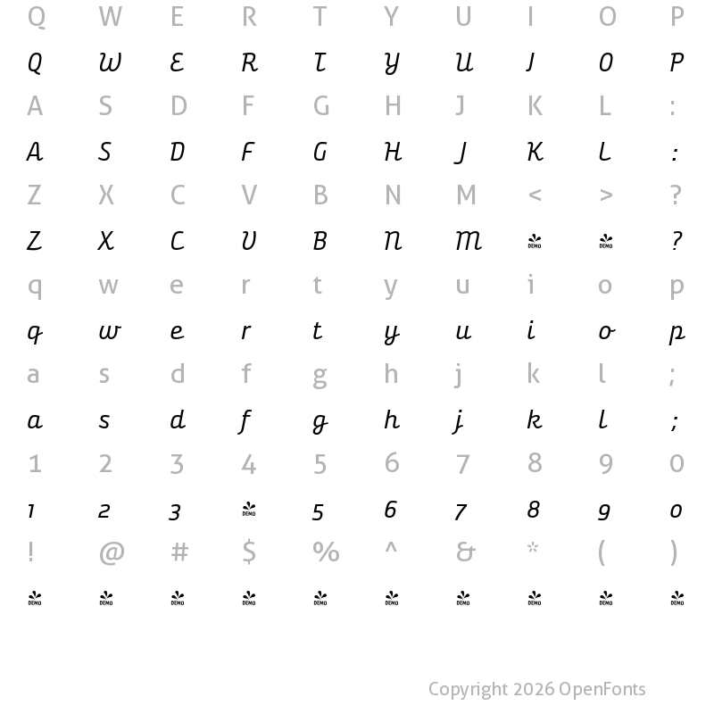 Character Map of FONTSPRING DEMO - Bunita Swash Regular Regular Italic