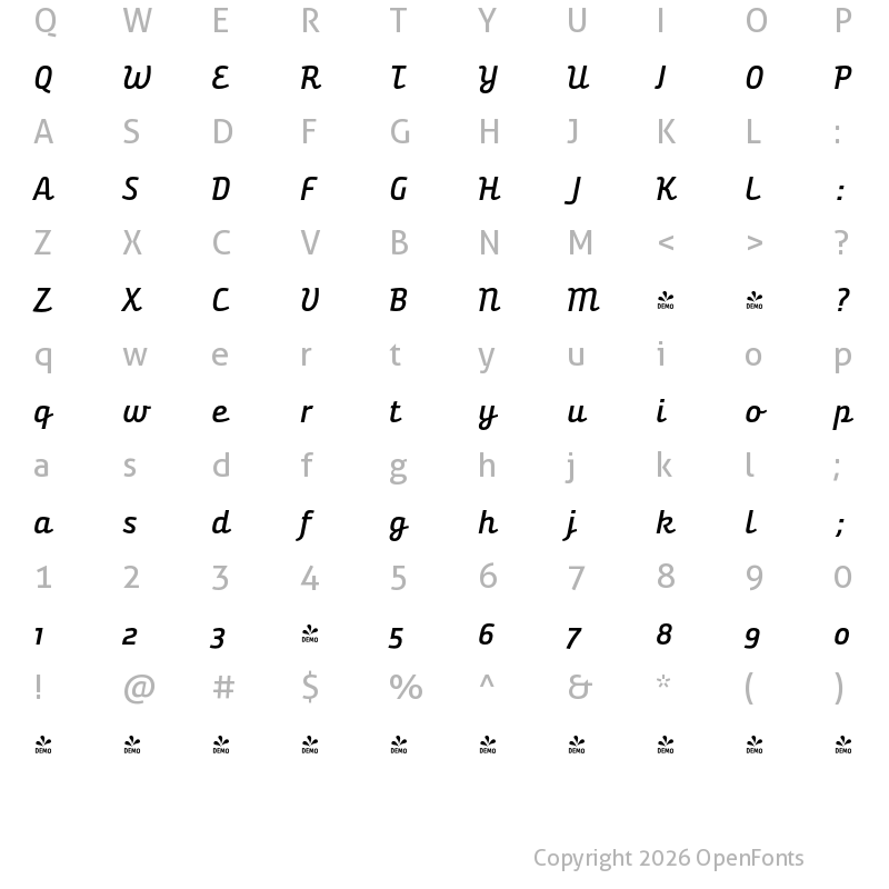 Character Map of FONTSPRING DEMO - Bunita Swash SemiBold Regular Italic