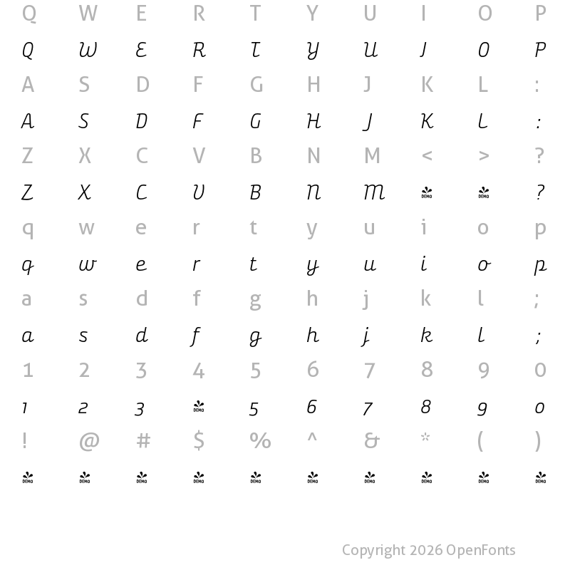Character Map of FONTSPRING DEMO - Bunita Swash SemiLight Regular Italic