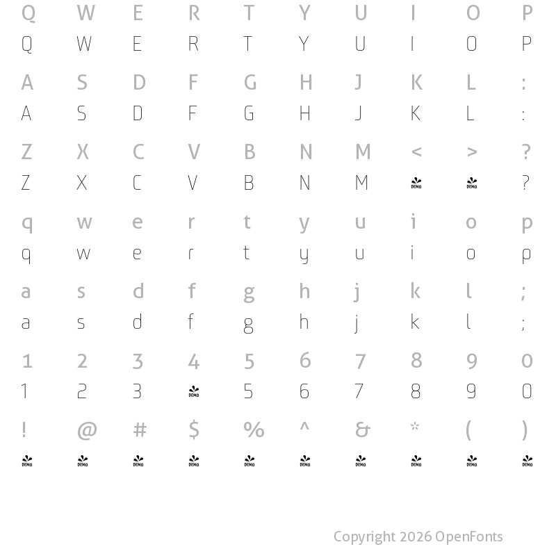 Character Map of FONTSPRING DEMO - Bunuelo Clean Pro Thin Regular
