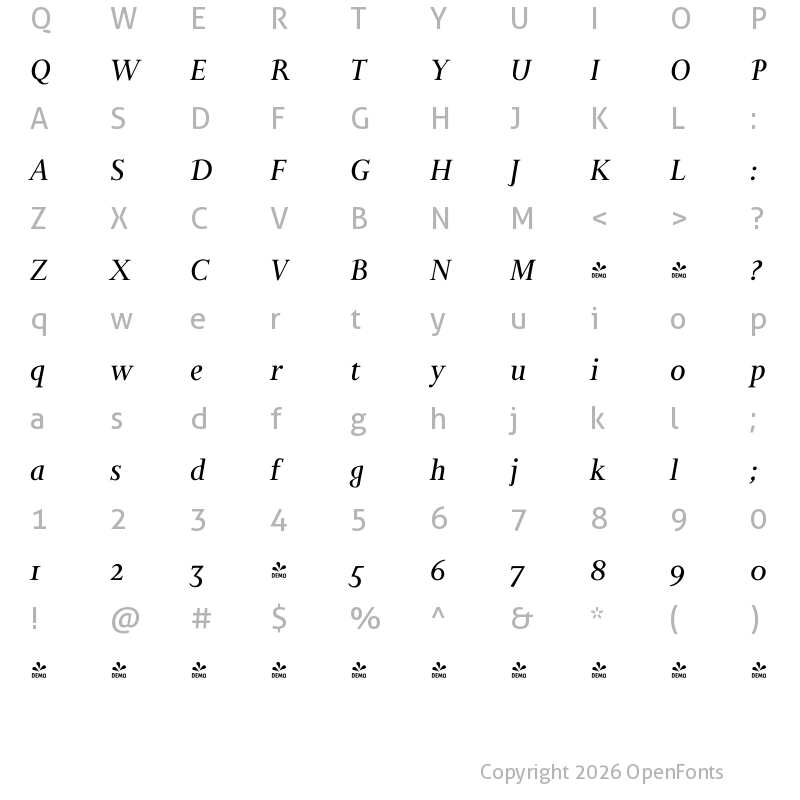 Character Map of FONTSPRING DEMO - Bunyan Pro Medium Italic