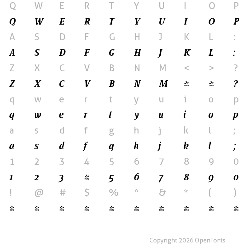 Character Map of FONTSPRING DEMO - BUOZZI Bold Italic Regular